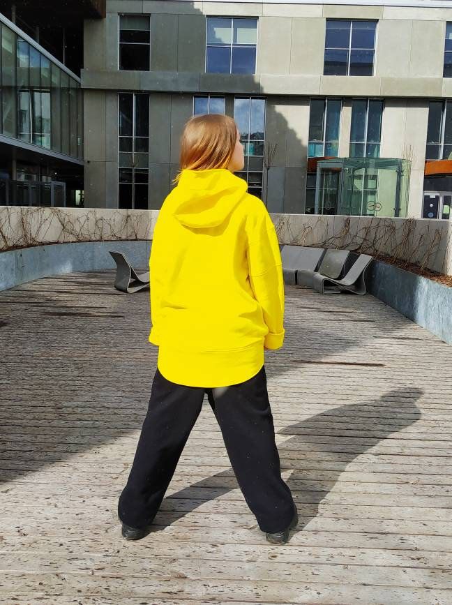 "Unisex bright yellow sweatshirt hoodie. Long oversize big hood cotton hoodie for man or woman. Extra long sleeves. Perfect hoodie for travelling. Large hood keeps your head warm. Two pockets in front. HQ-Heavy duty material. Density - 280g/m2. Made in EU. FABRIC: 82 % cotton 8% polyester. Size S Length front (in/cm) 31.5/80 Length back (in/cm) 33/85 Width (in/cm) 24.4/62 Sleeve length (in/cm) 26.4/67 Size M Length front (in/cm) 33/84 Length back (in/cm) 35/89 Width (in/cm) 25.6/65 Sleeve length Yellow Hoodie With Ribbed Cuffs For Fall, Yellow Long Sleeve Hoodie For Winter, Yellow Hoodie For Fall, Yellow Hooded Hoodie For Winter, Oversized Hip Hop Hooded Jacket With Long Sleeves, Hip Hop Style Hooded Hoodie, Casual Yellow Hooded Jacket With Adjustable Hood, Yellow Fleece Hoodie For Fall, Casual Yellow Hoodie With Ribbed Cuffs