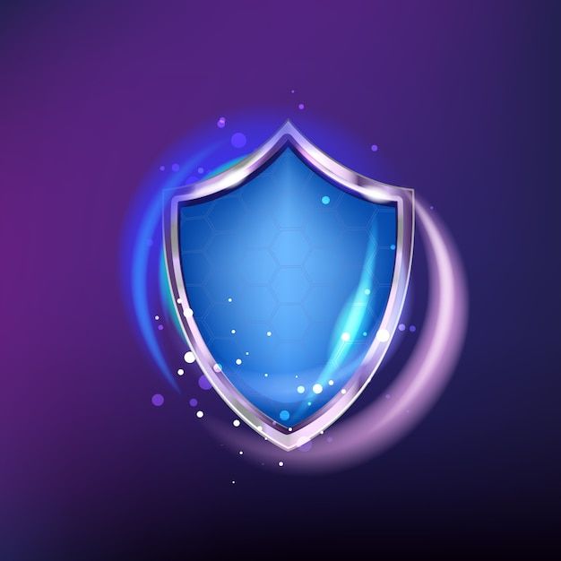 a shiny blue shield on a purple background