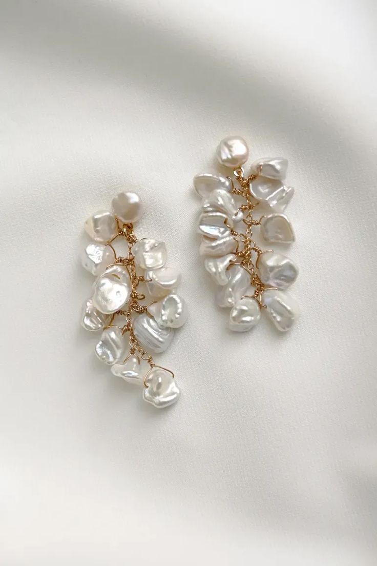 Noelle Pearl Cluster Drop Earring by Jenny Yoo | Cluster Earrings Modern Bridal Earrings, Keshi Pearl Earrings, Bridal Statement Earrings, Modern Dresses, Pearl Cluster Earrings, Pearl Earrings Wedding, Jenny Yoo, Bride Earrings, Bridal Earrings Pearl