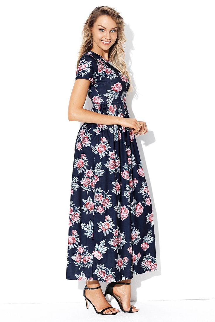 Pocket Design Short Sleeve Black Floral Maxi Dress Long Skirt Looks, Cheap Long Dresses, Noir Design, White Floral Maxi Dress, Blue Floral Maxi Dress, Black Floral Maxi Dress, Dress Sleeve Length, Cheap Dresses Online, Short Sleeve Maxi Dresses