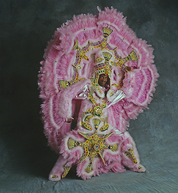 a pink and gold costume is displayed on a gray background with a fork in it