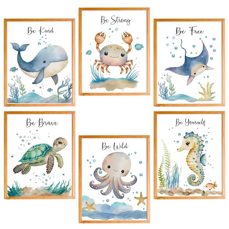 four watercolor paintings with sea animals and words