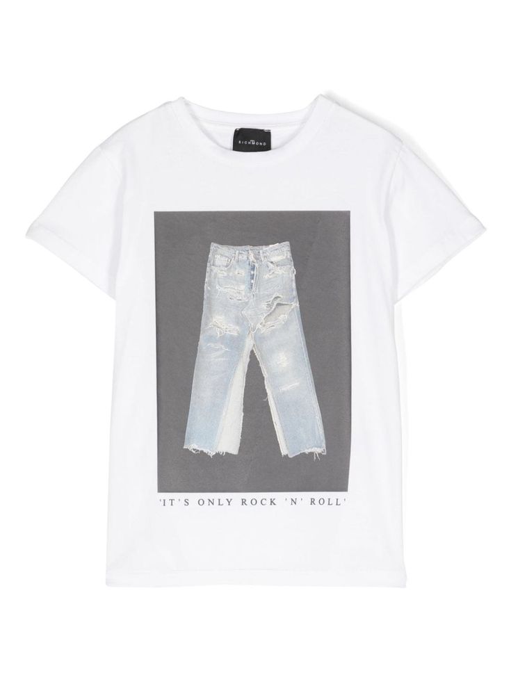 off-white stretch-cotton jersey texture round neck short sleeves jeans print slogan print to the front straight hem Jeans Print, John Richmond, Juniors Jeans, Girl Top, Girls Tshirts, Cotton Spandex, Stretch Cotton, Cotton T Shirt, Printed Cotton