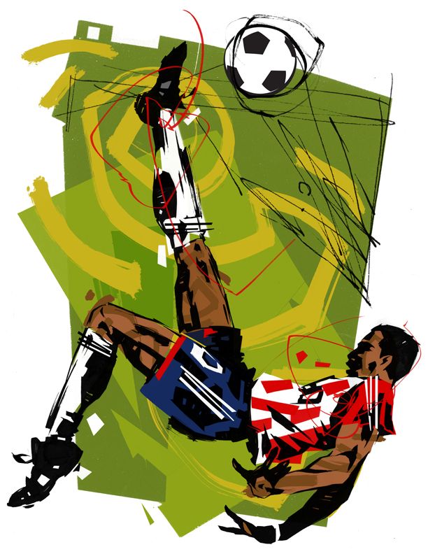 a man kicking a soccer ball in the air with his leg on another person's head