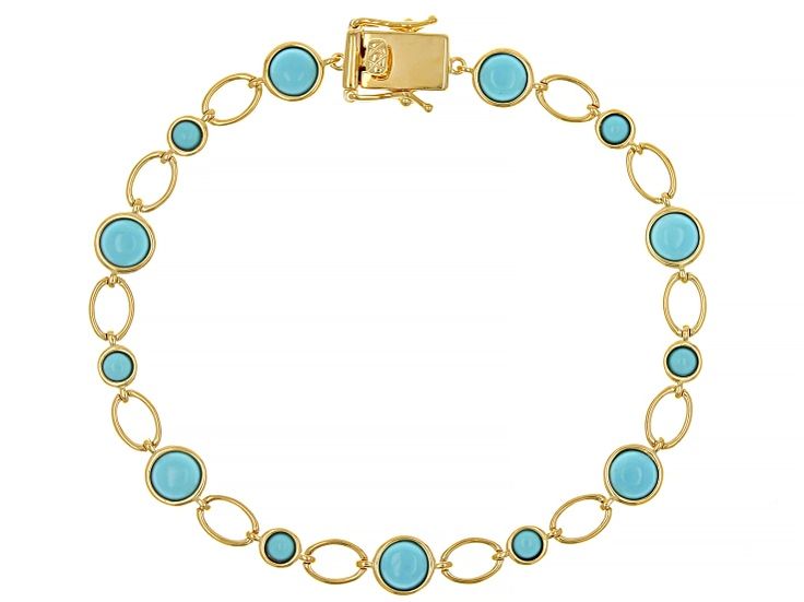 3mm, 5mm Round Blue Sleeping Beauty Turquoise 18k Yellow Gold Over Sterling Silver Bracelet. Measures Approximately 0.18"W. Box Clasp. Elegant Round Turquoise Bracelet, Elegant Turquoise Round Bracelet, Turquoise Cabochon Round Bracelets, Elegant Turquoise Bracelets With Cabochon, Turquoise Round Cabochon Bracelets, Turquoise Cabochon Bracelet, Elegant Turquoise Bracelet Jewelry, Elegant Turquoise Bracelet, Turquoise Round Jewelry For Formal Occasions