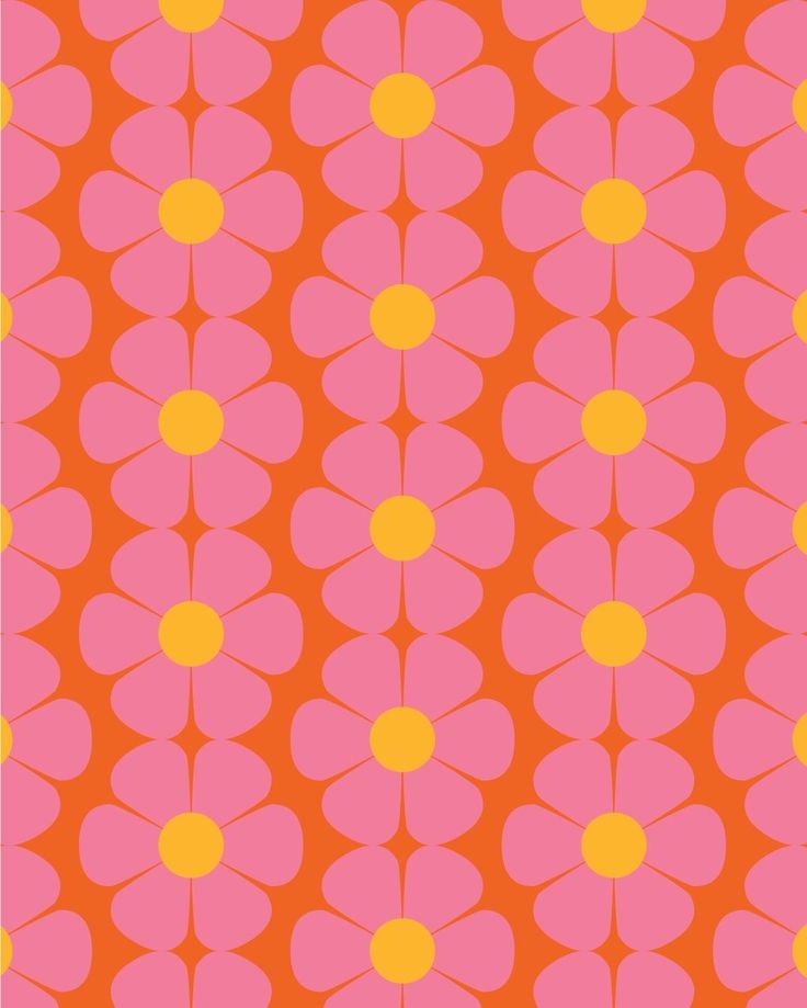 an orange and pink flower pattern with yellow dots on the bottom half of the image