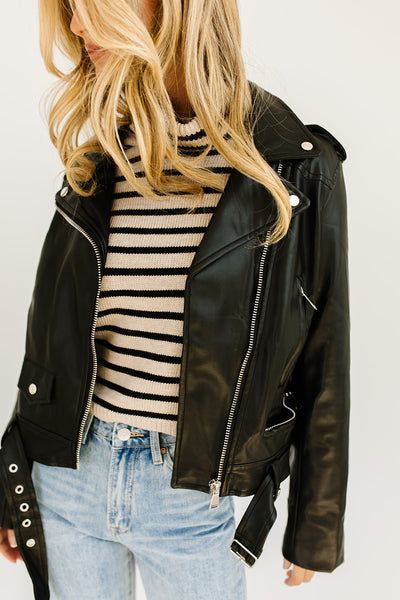 tipton faux leather jacket Spring Outfit Idea, 2024 Outfits, Striped Turtleneck, Moto Style, Faux Leather Jacket, Black Leather Jacket, Dresses Black, Fall 2024, Faux Leather Jackets