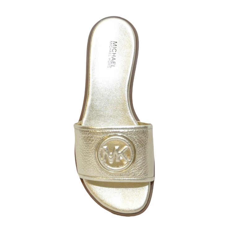 Deanna Cut Out Slide In Pale Gold Mfsrp: $155.00 Defined By A Cutout Logo Charm, This Deanna Sandal Is One Of The Season’s Most Sought-After Styles. They’re Crafted From Leather And Set On A Slightly Stacked Heel That Makes Them Comfortable Enough To Wear For Hours On End. Wear Yours From The City To The Beach And Everywhere In Between. Slide Sandal Leather 100% Leather Lining: Polyurethane Blend Sole: Rubber Open Toe Heel Height: 0.25” Heel Type: Stacked Slip On Imported Style # 49s3dnfa1l Bran Luxury Michael Kors Sandals For Spring, Gold Flat Slides, Gold Leather Slides With Leather Footbed, Gold Leather Slides With Round Toe, Chic Gold Leather Slides, Michael Kors Gold Sandals For Summer, Leather Closed Toe Slides, Michael Kors Leather Sandals For Spring, Michael Kors Luxury Leather Sandals