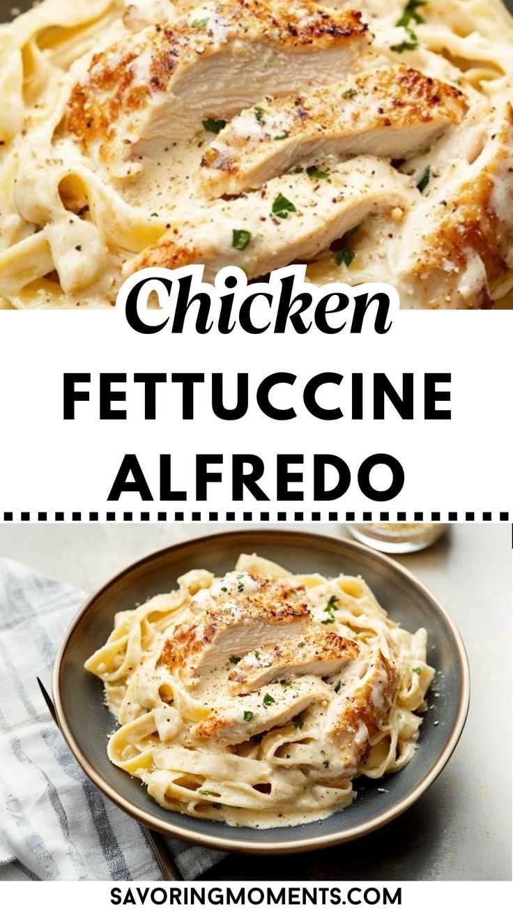 chicken fettuccine alfredo with text overlay