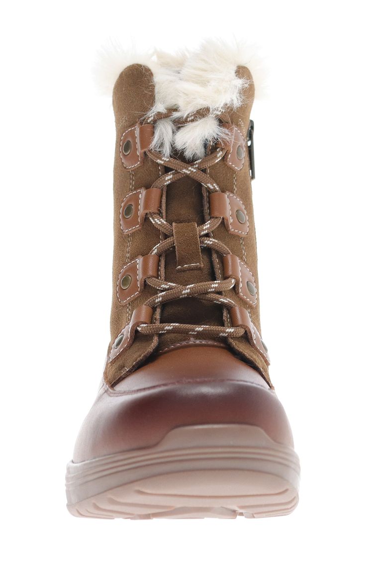 Take on cold weather with confidence in this lace-up bootie made of stain-resistant, water-repellent suede and leather with a faux-fur collar and cozy lining. Responsive DuroCloud® cushioning technology provides all-day comfort and support. 1" heel 7" shaft Lace-up style; side zip closure Removable insole Cushioned footbed with arch support 3M Scotchgard™ water- and stain-resistant protection Leather upper/polyester faux-fur and textile lining/rubber sole Imported Winter Ankle Lace-up Boots With Zipper, Leather Boots With Faux Fur Lining For Cold Weather, Brown Winter Combat Boots With Zipper Closure, Weatherproof Leather Combat Boots For Winter, Winter Lace-up Ankle Boots With Zipper, Winter Lace-up Combat Boots With Zipper Closure, Brown Lace-up Boots With Faux Fur Trim, Casual Lace-up Boots With Faux Fur Trim, Winter Waterproof Brown Combat Boots