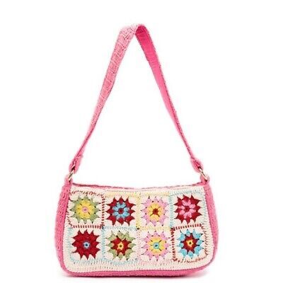 Trendy Rectangular Crochet Bag, Trendy White Crochet Bag, Trendy Square Crochet Vacation Bag, Pink Square Crochet Beach Bag, Pink Square Crochet Bag For Beach, Pink Square Crochet Bag For The Beach, Trendy Rectangular Crochet Bag With Adjustable Strap, Pink Summer Crochet Bag, Casual Square Crochet Bag For Spring