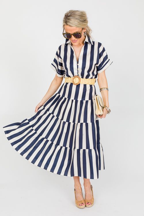 Striped Shirt Dress Midi - New Arrivals - The Blue Door Boutique Elegant Striped Shirt Dress For Vacation, Chic Navy Midi Dress With Ruffles, Chic Vertical Stripes Dress For Day Out, Navy Ruffled Midi Dress For Summer, Chic Navy Shirt Dress For Spring, Chic Day Out Dress With Vertical Stripes, Navy Midi Dress With Ruffles For Summer, Striped Tiered Summer Dress, Elegant Striped Midi Dress For Vacation