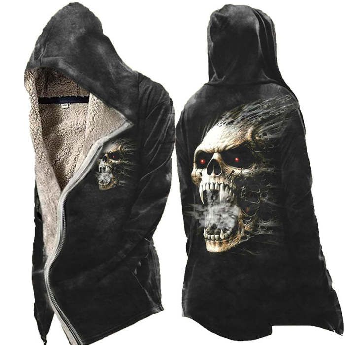 Men's Hoodie Devil Skull Print Coat Zip Up Fleece Jacket Winter Skull Print Hoodie Outerwear, Skull Print Hoodie For Streetwear, Casual Skull Print Hoodie Outerwear, Black Hoodie With Skull Print For Winter, Halloween Hooded Outerwear With Skull Print, Halloween Black Skull Print Outerwear, Halloween Black Outerwear With Skull Print, Winter Skull Print Streetwear Outerwear, Winter Skull Print Long Sleeve Hoodie