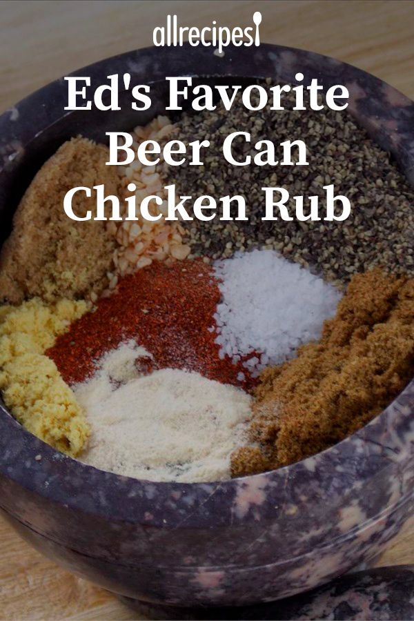 a bowl filled with different types of food on top of a wooden table and the words ed's favorite beer can chicken rub