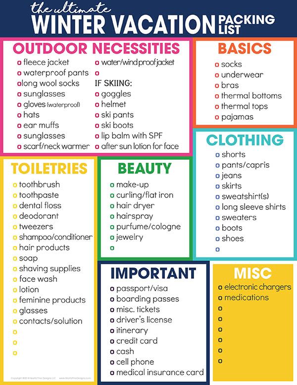 the beach vacation packing checklist is shown in red, yellow and blue with words on it