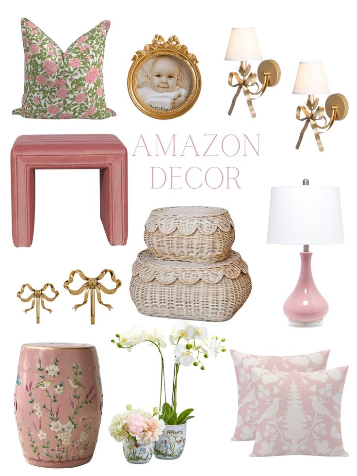 a collage of pink and gold items including a lamp, chair, table with flowers on it