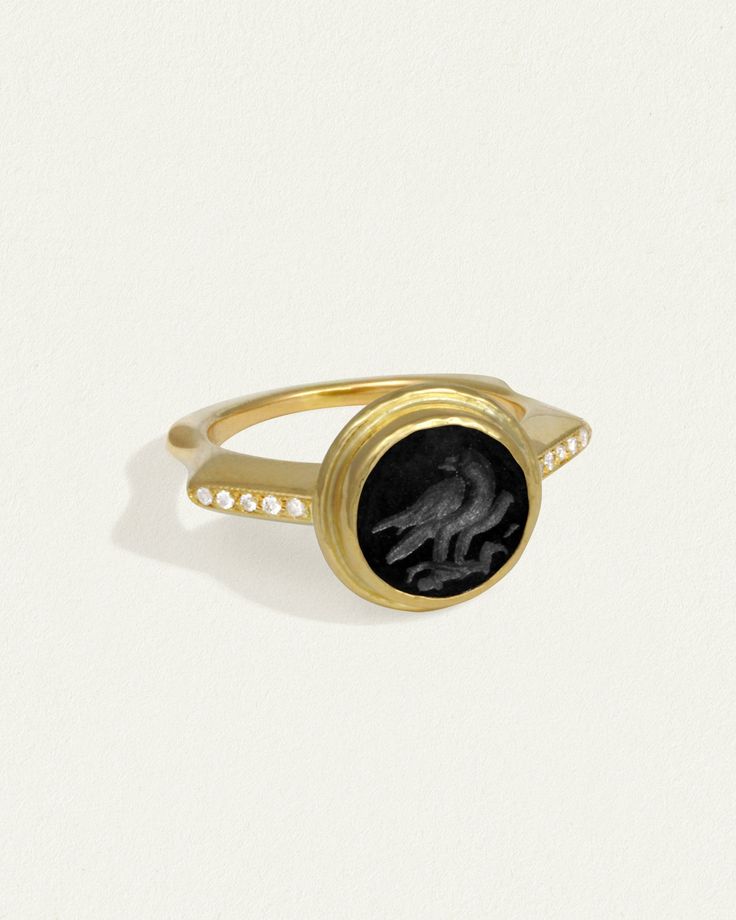 Signet ring with eagle motif in 22k solid gold, onyx intaglio & diamond. Shop Temple of the Sun Heritage Collection inspired by ancient Anatolia. Intaglio Ring, Gemstone Properties, Seal Ring, Gold Signet Ring, Gold Hand, Diamond Shop, Heritage Collection, 22k Gold, Signet Ring