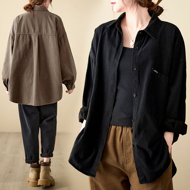 Women's Casual Shirts Lapel Long Sleeve Solid Shirts Casual Collar Cotton Top For Fall, Fall Cotton Top With Casual Collar, Winter Cotton Button-up Blouse, Fall Cotton Tops With Pockets, Cotton Tops With Pockets For Autumn, Winter Cotton Collared Tops, Winter Cotton Blouse With Pockets, Cotton Winter Blouse With Pockets, Solid Cotton Shirt For Fall