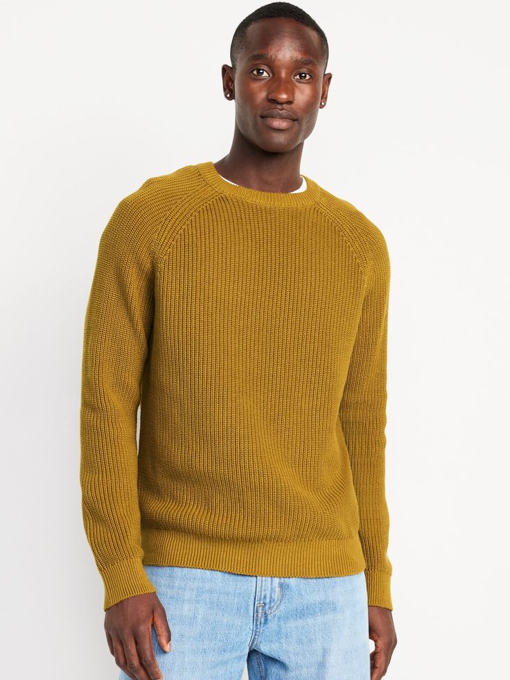 crew neck raglan sleeves rib-knit trim pullover style relaxed fit hits at hip model is approx.  6'1" and wears size mmachine wash according to the care instruction label  . Best Holiday gift for Men , perfect Sweaters for Christmas! Holiday 2024, Stitch Sweater, Old Navy Men, Yellow Sweater, Outerwear Sweater, Big And Tall, Raglan Sleeve, Toddler Boys, Pullover Styling