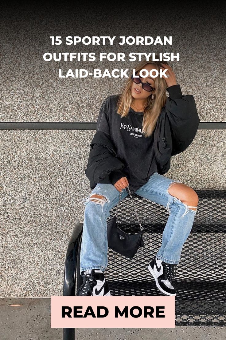 Woman posing in a sporty Jordan outfit featuring a laid-back look with ripped jeans and sneakers, text overlay promoting article about stylish outfits. Statement Sneakers Outfit, Jeans With Jordans Women, High Top Nike Outfit Women, Mid Top Sneakers Outfit, How To Style Jordans Women, Jordan Shoes Outfits Women, Jordan 1 Outfit Women Summer, Women Jordans Outfit, How To Style Jordans