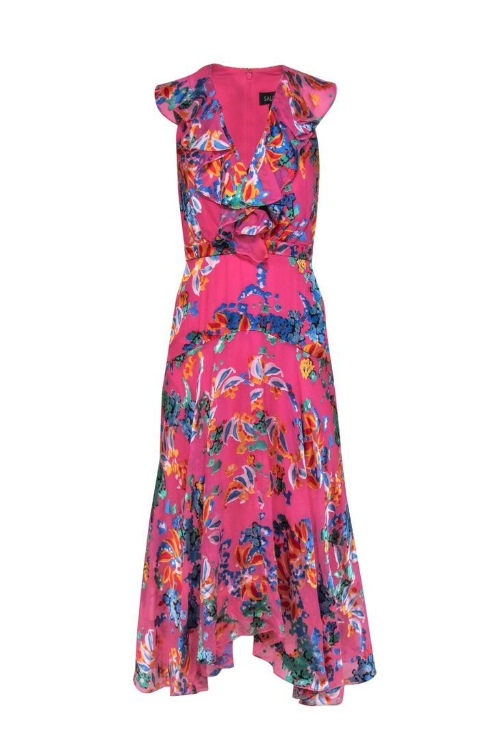 Current Boutique-Saloni - Pink & Multicolor Textured Floral Print Ruffled Rita Maxi Dress Sz 2 Feminine Flowy Silk Maxi Dress, Feminine Silk Maxi Dress For Spring, Spring Floral Print Maxi Dress With Flowy Skirt, Elegant Silk Dresses With Vibrant Print, Elegant Silk Dress With Vibrant Print, Feminine Floral Print Viscose Maxi Dress, Chic Pink Rayon Maxi Dress, Flowy Silk Maxi Dress For Spring, Spring Silk Flowy Maxi Dress