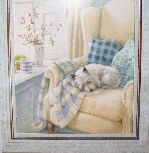 a painting of a dog sleeping on a chair