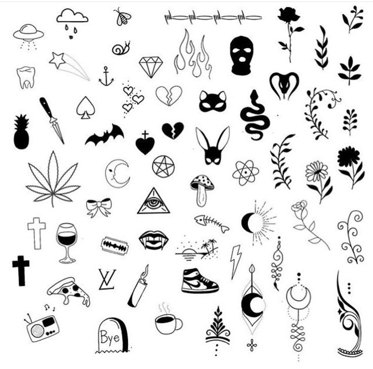 various tattoo designs and symbols on a white background