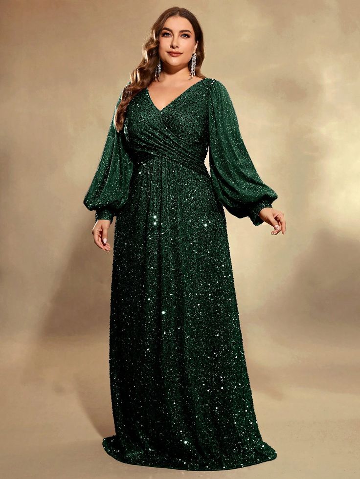 Verde Oscuro  Collar manga larga Lentejuelas Liso A línea Embellished No-Elástico Plus Size Long Dresses Formal, Masquerade Party Outfit Women, Gown For Plus Size Women, Plus Size Green Dress, Emerald Green Outfit, Senior Recital, Green Plus Size Dresses, Plus Prom Dresses, Formal Plus Size