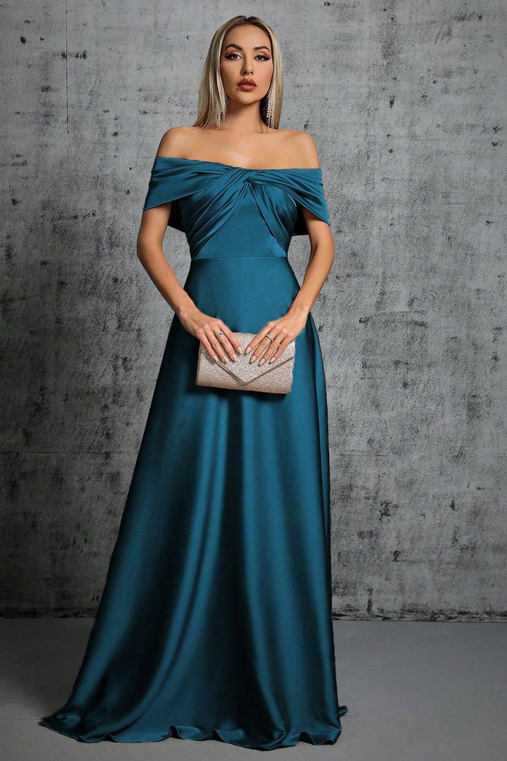 ZAPAKA Women Peacock Blue Formal Dress Satin Off The Shoulder Wedding Party Dress Off-shoulder Ball Gown For Formal Occasions, Satin Maxi Dress For Banquet During Prom Season, Dressy Off-shoulder Evening Dress For Formal Events, Elegant Off-shoulder Mother Of The Bride Dress For Gala, Elegant Off-shoulder Evening Dress For Banquet, Elegant Off-shoulder Evening Dress For Mother Of The Bride, Satin Evening Gown In Maxi Length, Elegant Ruched Bodice Ball Gown For Gala, Evening Satin Maxi Gown