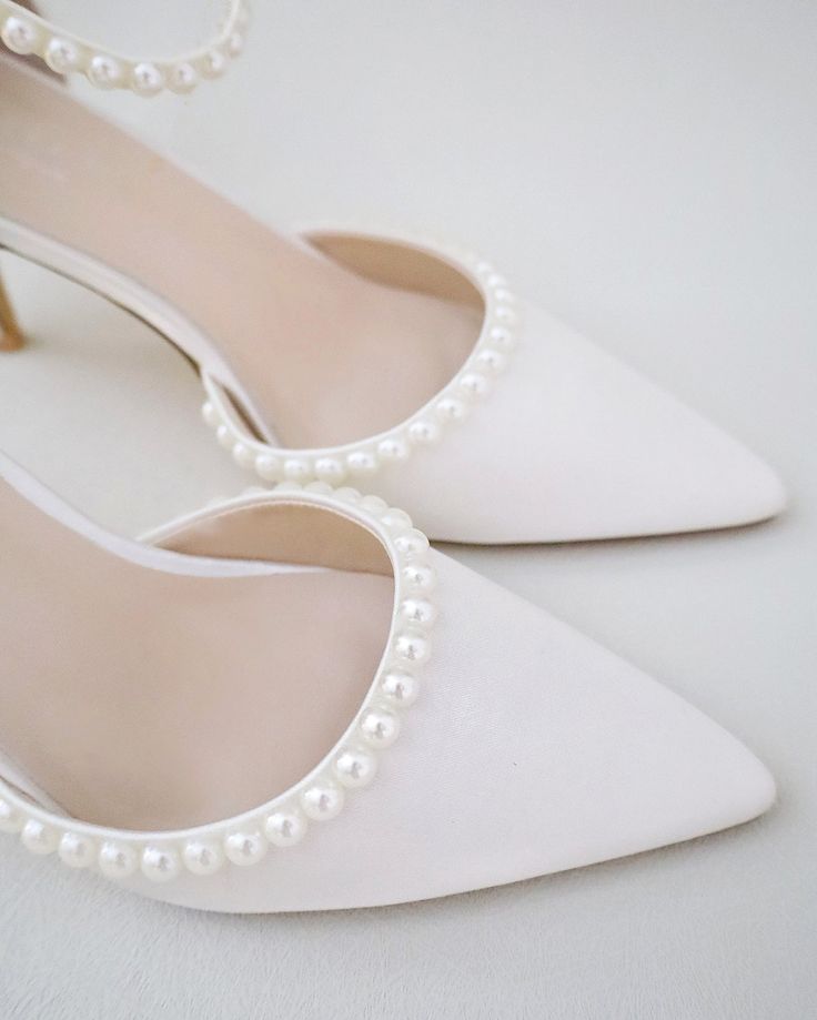 Pearls Satin Wedding Heels, Bridal Shoes, Bridal Shoes, Pearl Wedding Ivory Satin Wedding Shoes, Pop Of Color Wedding Shoes, Timeless Wedding Shoes, Elegant Pearl Wedding Shoes With Ankle Strap, Elegant Pearl Ankle Strap Wedding Shoes, Elegant Pearl Embellished Ankle Strap Heels, Closed Toe Bridal Shoes, Pearl White High Heel Wedding Shoes, Evening Wedding Shoes With Pearl And Closed Toe