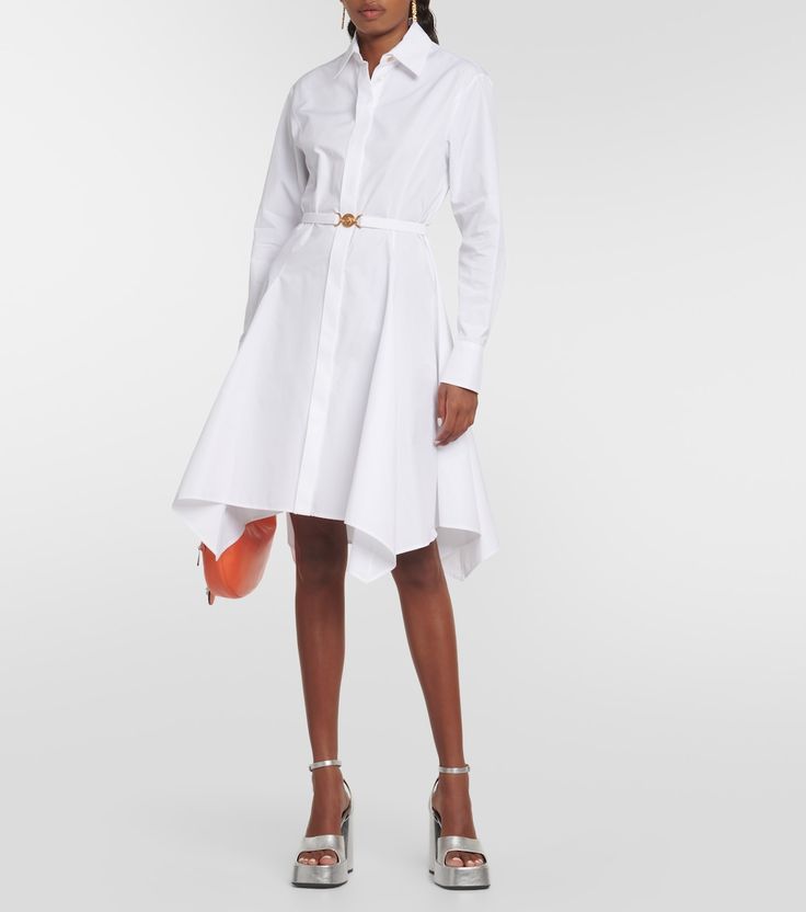 Medusa Cotton Shirt Dress in White - Versace | Mytheresa White Spread Collar Shirt Dress For Office, White Shirt Dress For Office, Elegant White Belted Shirt Dress, Cotton Shirt Dress With Belted Cuffs, White Belted Shirt Dress For Work, Elegant Cotton Shirt Dress With Belted Cuffs, Cotton Belted Shirt Dress For Office, Elegant Cotton Shirt Dress For Office, Classic Cotton Formal Shirt Dress