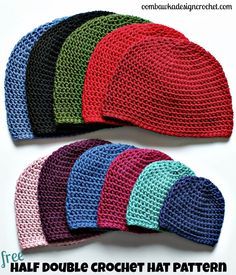 four crocheted hats with the words half double crochet hat pattern on them