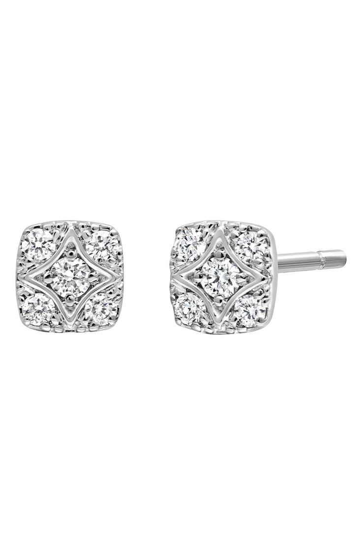 Ten twinkling white diamonds illuminate these stunning square stud earrings handcrafted in 18-karat white gold. 1/8"W x 1/8"L Total diamond weight: 0.1ct. Color: G Clarity: VS 18k gold/diamond Imported >Diamond Guide Square Cut Cubic Zirconia Earrings With Diamond Accents, Diamond-shaped Diamond Earrings For Formal Occasions, Formal White Gold Diamond Earrings With Single Cut Diamonds, Formal White Gold Diamond Earrings With Single Cut, Formal Diamond-shaped Diamond Earrings, White Gold Diamond-shaped Earrings For Formal Occasions, White Gold Platinum Diamond Earrings With Pave Setting, Formal White Gold Diamond-shaped Earrings, Evening Sterling Silver Single Cut Diamond Earrings