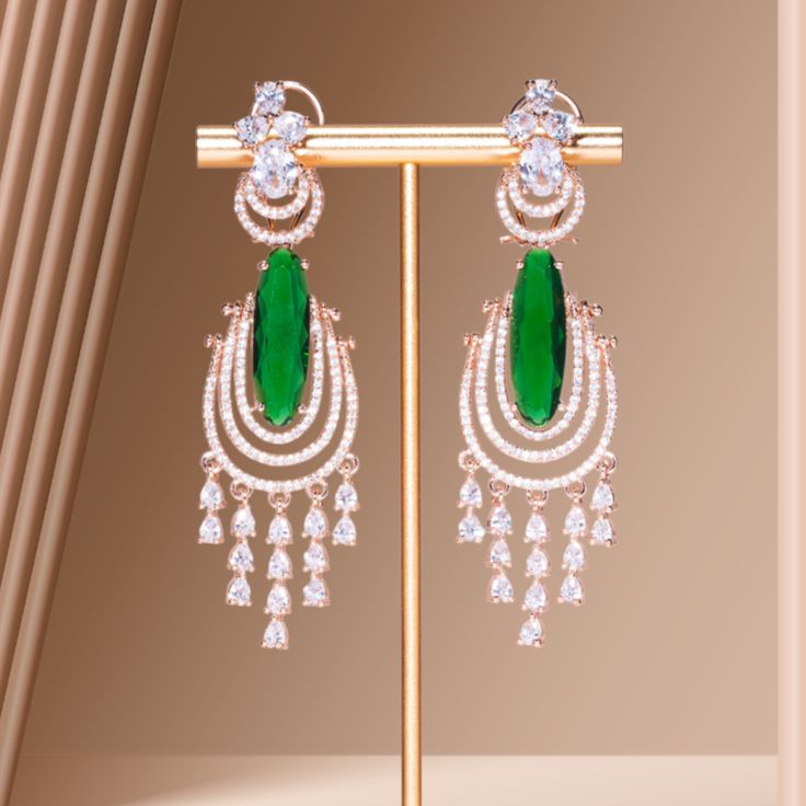 Demi Statement Earrings Emerald Green Rose Gold- Jaipur Rose Modern Luxury Designer Indian Jewelry - Jaipur Rose