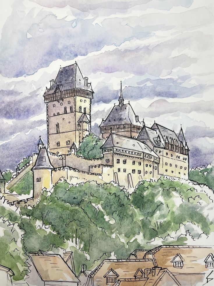 a drawing of a castle on top of a hill