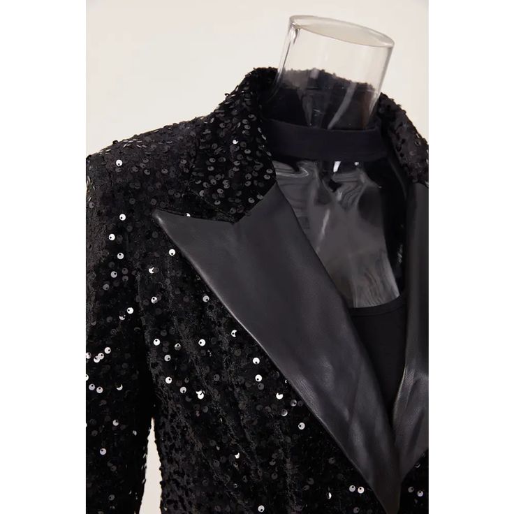 Expertly crafted with a PU Leather lapel and sequin embellishments, our Midnight Dream blazer exudes sophistication and style. The included up leather belt adds a touch of elegance, making this blazer perfect for any special occasion. Elevate your wardrobe with this must-have statement piece. Decoration Sequined Style Elegant Fabric Type Blended fabrics , Sequin , PU Material Polyester , Polyester Neckline Suit Collar Pattern Type Solid , Patchwork Sleeve Length Full Season Spring / Autumn , Winter Fabric Slight Stretch Black Jumpsuit Dress, Patchwork Sleeve, Suit Collar, Sequin Blazer, Elegant Fabric, Winter Fabric, Curvy Dress, Collar Pattern, Crop Top Sweater