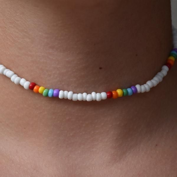 Boho Choker Beaded Choker Rainbow Choker Summer Choker | Etsy Pride Necklace Diy, White Playful Beaded Necklaces For Summer, Playful White Beaded Necklaces For Summer, Adjustable Rainbow Beaded Necklaces For Summer, White Beaded Choker For Vacation, Rainbow Letter Beads For Festival, Rainbow Beaded Necklaces For Summer Festivals, Adjustable Playful Beaded Necklaces For Festivals, Casual Festival Necklace With Colorful Beads