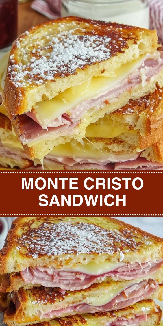 two sandwiches stacked on top of each other with the words monte cristo sandwich written below