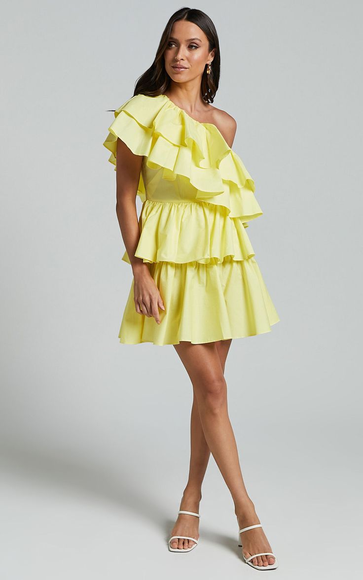 Flora Mini Dress - One Shoulder Tiered Dress in Sun Yellow | Showpo USA One-shoulder Mini Dress With Ruffle Hem For Brunch, Spring Mini One-shoulder Dress With Ruffles, Summer One-shoulder Cotton Dress, Cotton Tiered Mini Dress For Day Out, Chic One Shoulder Ruffled Dress For Spring, Chic One-shoulder Ruffle Dress For Spring, Chic One Shoulder Dress With Ruffles For Spring, Cotton Tiered Dress For Brunch, Spring One Shoulder Mini Dress With Ruffles