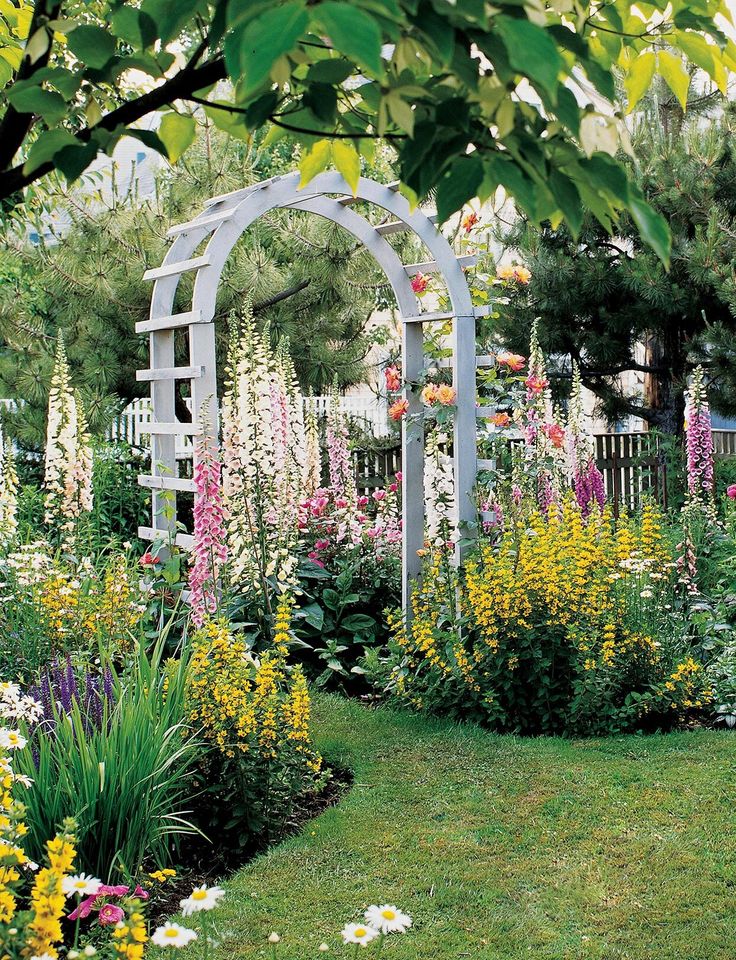 a garden filled with lots of flowers next to a lush green field and white fence