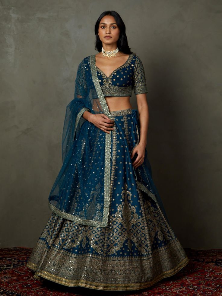 Ri.Ritu Kumar-Midnight Blue Ashvika Lehenga Set-INDIASPOPUP.COM Midnight Blue Lehenga, Blue Velvet Lehenga, Teal Lehenga, Royal Blue Lehenga, Embroidered Bridal Lehenga, Brocade Lehenga, Leaf Sleeve, Kurta Lehenga, Lehenga Pattern