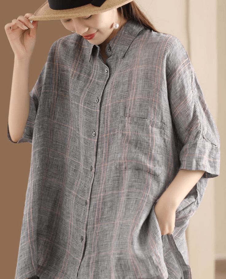 Babakud Women Heritage Linen Premium Blouse Collar Blouse With Pockets For Daywear, Daywear Blouse With Pockets And Spread Collar, Relaxed Fit Blouse With Pockets And Collar, Gray Short Sleeve Blouse For Fall, Short Sleeve Office Blouse With Pockets, Oversized Short Sleeve Blouse For Office, Oversized Short Sleeve Office Blouse, Collared Plaid Blouse For Daywear, Plaid Short Sleeve Blouse For Work