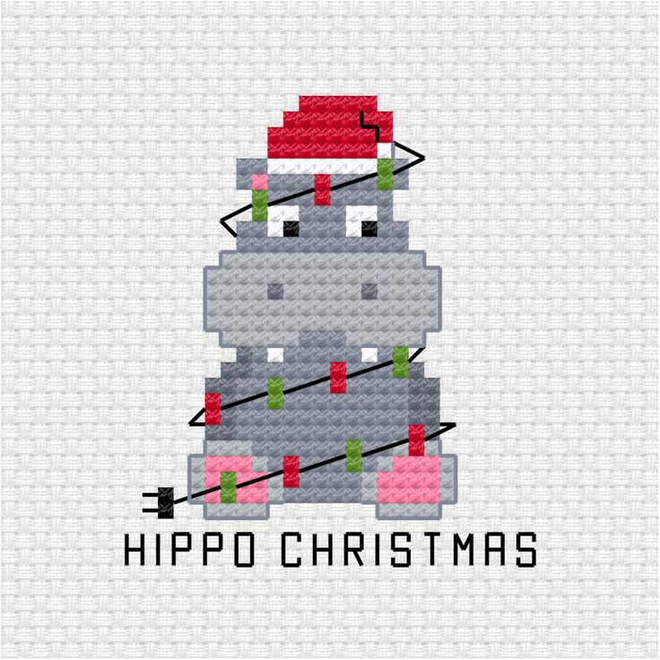 a cross stitch hippo christmas card with the words hippo christmas written across it