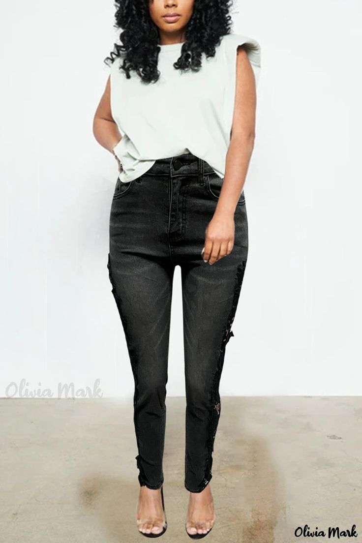 Olivia Mark - Womens Mid-Waisted Casual Denim Pants in Black with Solid Patchwork Design High Waist Ripped Black Pants, Black High-rise Cropped Jeans For Work, Black High Rise Cropped Jeans For Work, Black High Rise Ripped Pants, High Rise Ripped Black Pants, High Rise Distressed Black Pants, Mid-rise Black Pants With Frayed Hem, High Rise Non-stretch Pants With Frayed Hem, Non-stretch High Rise Pants With Frayed Hem