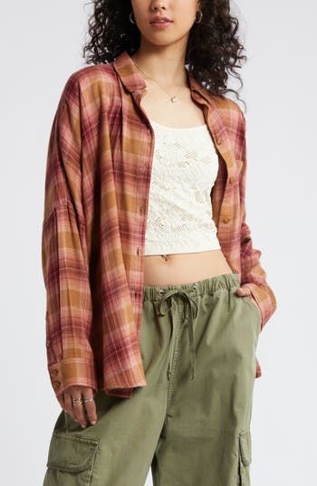 Perfect your '90s grunge aesthetic with an oversized, layer-ready button-up shirt made from lightweight plaid flannel. Front button closure Spread collar Long sleeves with button cuffs 55% cotton, 45% rayon Machine wash, tumble dry Imported Not available for sale and shipment to Germany Spring Flannel Shirt With Relaxed Fit, Spring Relaxed Fit Flannel Shirt With Button Closure, Oversized Flannel Shirt For Fall, Relaxed Fit Flannel Shirt With Button Closure For Spring, Trendy Plaid Button-down Shirt, Trendy Plaid Button-up Shirt, Everyday Plaid Flannel Tops, Casual Plaid Button-up Tops, Trendy Flannel Shirt For Spring