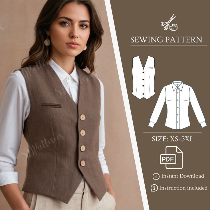 a woman wearing a vest and pants with the sewing pattern on it, in front of a