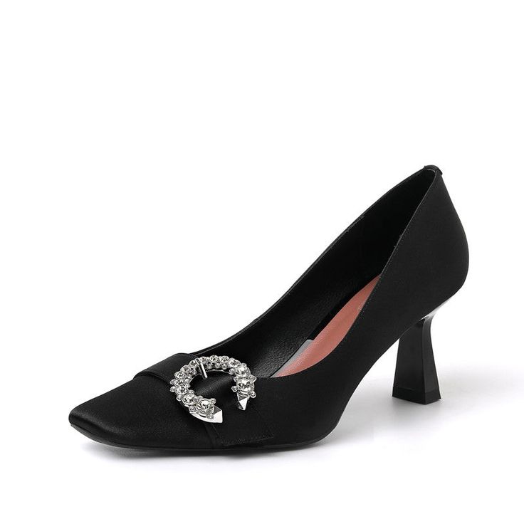 Elegant and alluring. these black satin heels are sure to turn heads. The sleek silhouette is accented with a square toe and sparkling rhinestones for a touch of glamour. They slip on easily and are the perfect finishing touch to any ensemble. Upper: Satin Lining: Leather Outsole: TPR Toe: Square Toe Closure: Slip on Heel: 7cm/2.8'' Color: Black. Nude. Pink is_handmade: Yes Elegant Square Toe Heels For Night Out, Satin Heels With Rhinestones And Pointed Toe, Black Satin High Heels, Black Satin Heels For Party, Satin Heels For Night Out, Elegant Satin Heels For Night Out, Glamorous Fitted Satin Heels, Chic Fitted Heels With Rhinestones, Elegant Square Toe Evening Heels