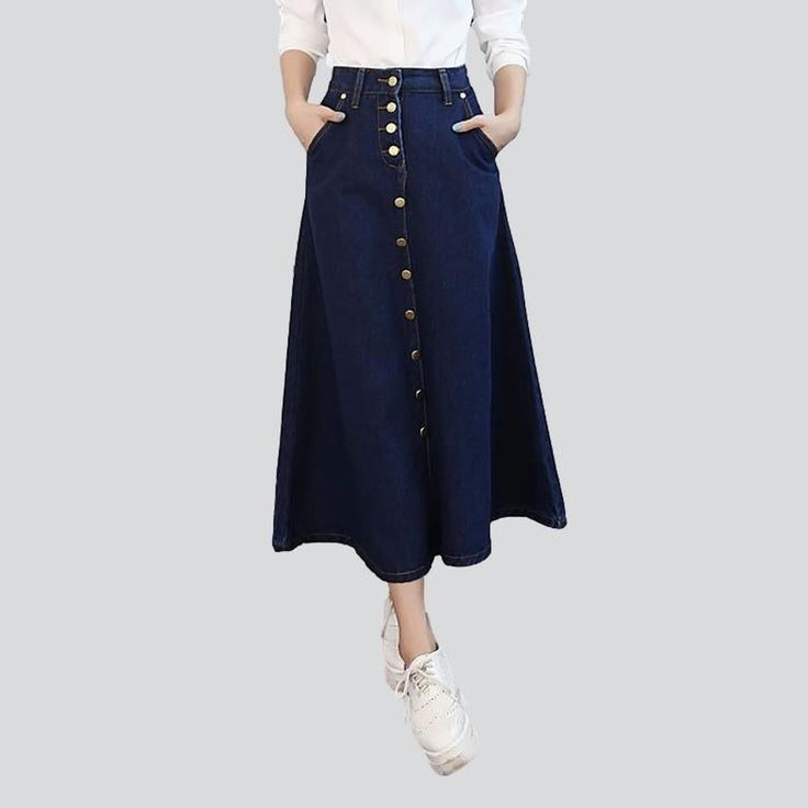 Long A-line buttoned denim skirt online. Excellent jeans skirt from the 2021 Autumn collection. The classic fashion style can work for a business meeting or everyday use. Bright yet understated enough to not seem OTT, this blue denim catches the eye at first glance. An unwashed denim pattern gives a more elegant look. High-waist will stretch your legs and raise the shape of your natural. The cotton fabric features a soft feel. Diagonal pockets fit nicely to the body. Closed with buttons in front Non-stretch High Waist Denim Skirt With Button Closure, Non-stretch Full Length Denim Blue Skirt, Denim Blue Full-length Cotton Skirt, Knee-length Denim Skirt With Button Closure, Denim Skirts Online, Denim Blue Straight-leg Denim Skirt With Button Closure, Denim Button Skirt, A Line Denim Skirt, Denim Patterns