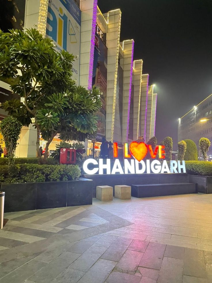 i love chandigarh sign lit up at night