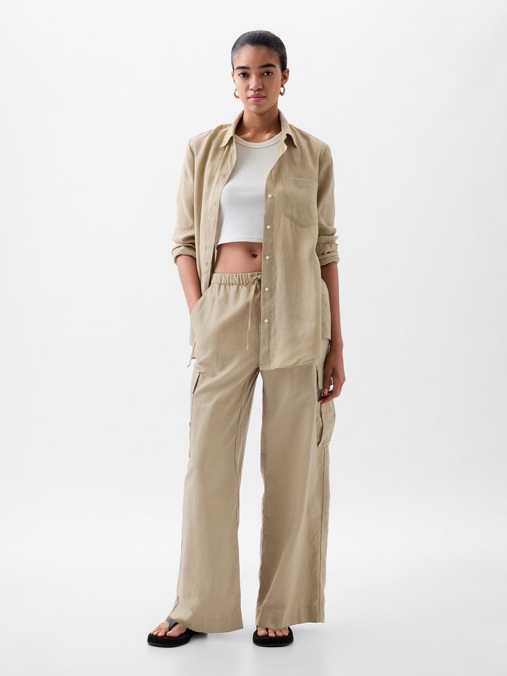 Mid Rise Linen-Cotton Pull-On Cargo Pants | Gap Gap Wide Leg Linen Pants, Wide Leg Linen Cargo Pants For Loungewear, Beige Linen Cargo Bottoms, Linen Cargo Bottoms For Loungewear, Gap Linen Pants For Spring, Summer Loose Fit Linen Cargo Pants, Linen Cargo Pants With Elastic Waistband For Loungewear, Casual Linen Pants By Gap, Gap Linen Spring Pants